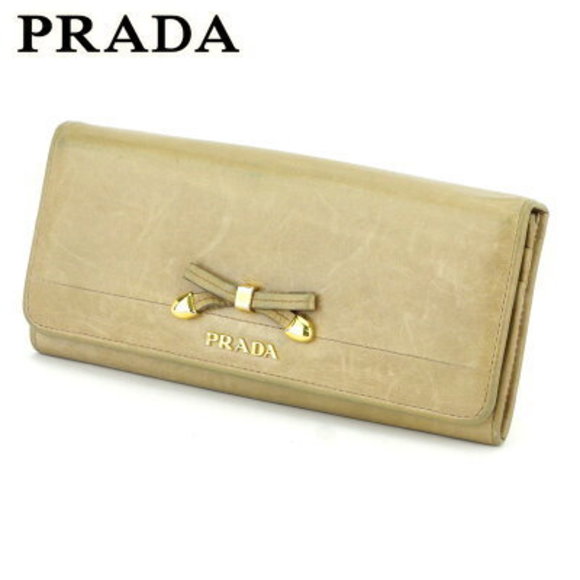 Prada long Wallet zipper beige leather ribbon - Picture 1 of 6